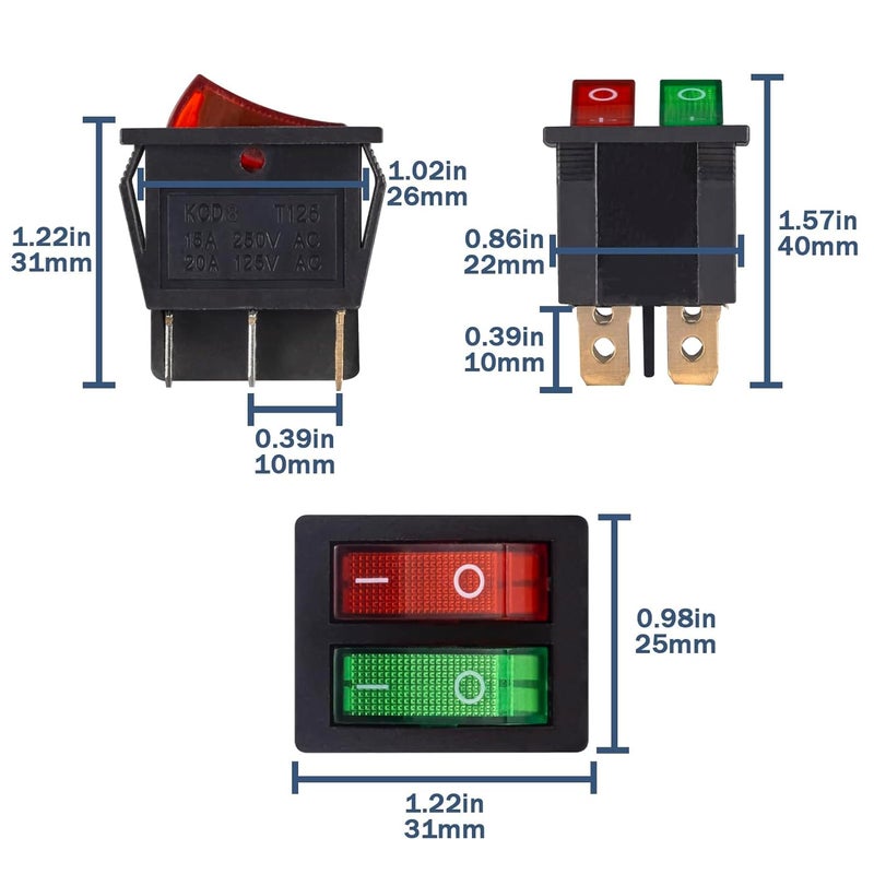VEXUNGA 6pcs Mini Light Switch 6 Pin On Off Red Green Lighted Double Boat Rocker Switch 20A 125V AC 15A 250V 2 Position Illuminated SPST Dual Switches for Car Marine - Image 2